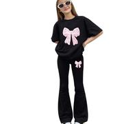 Tween Girls Spring 2 Piece Co Ord, Bow Print Short Sleeve Shirt, Stretchy Flared Bell Bottom Trousers, Light Soft Separates for School & Daily Outdoor Activities(1B-Black, 7-8 Years)