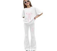 Tween Girls Spring 2 Piece Co Ord, Bow Print Short Sleeve Shirt, Stretchy Flared Bell Bottom Trousers, Light Soft Separates for School & Daily Outdoor Activities(1A-White, 11-12 Years)