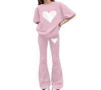 Tween Girls Spring 2 Piece Co Ord, Bow Print Short Sleeve Shirt, Stretchy Flared Bell Bottom Trousers, Light Soft Separates for School & Daily Outdoor Activities(1C-Pink, 11-12 Years)