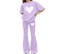 Tween Girls Spring 2 Piece Co Ord, Bow Print Short Sleeve Shirt, Stretchy Flared Bell Bottom Trousers, Light Soft Separates for School & Daily Outdoor Activities(1C-Purple, 9-10 Years)