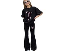 Tween Girls Spring 2 Piece Co Ord, Bow Print Short Sleeve Shirt, Stretchy Flared Bell Bottom Trousers, Light Soft Separates for School & Daily Outdoor Activities(1A-Black, 9-10 Years)