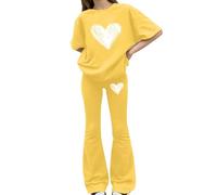 Tween Girls Spring 2 Piece Co Ord, Bow Print Short Sleeve Shirt, Stretchy Flared Bell Bottom Trousers, Light Soft Separates for School & Daily Outdoor Activities(1C-Yellow, 10-11 Years)