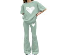 Tween Girls Spring 2 Piece Co Ord, Bow Print Short Sleeve Shirt, Stretchy Flared Bell Bottom Trousers, Light Soft Separates for School & Daily Outdoor Activities(1C-Light Green, 9-10 Years)