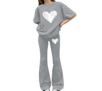 Tween Girls Spring 2 Piece Co Ord, Bow Print Short Sleeve Shirt, Stretchy Flared Bell Bottom Trousers, Light Soft Separates for School & Daily Outdoor Activities(1C-Grey, 8-9 Years)