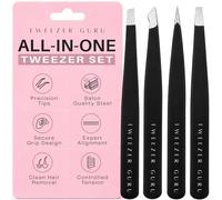 Tweezer Guru Eyebrow Tweezers - Professional, Stainless Steel, Slanted Ingrown Hair Tweezers - Precision Splinter, Blackhead, Tick and Facial Hair Remover for Women and Men (Black 4PCS)