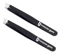 Tweezer Guru Tweezers for Women - 2pc Slant Pointed Precision Tweezers for Eyebrows & Ingrown Hair Removal - Blackhead and Splinter Tweezer with Sharp Needle Nose Point for Plucking (Black)