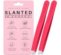 Tweezer Guru Tweezers for Women Facial Hair & Men - Precision Slant-Pointed Eyebrow Tweezer for Ingrown Hair, Blackhead & Splinter Removal (2 Bright Pink)