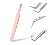 Tweezers for Eyelash Extension Professional Pink Stainless Steel Curved Tip Professional Eyelash Tweezers Striped FADVAN(90°Bend Shape)
