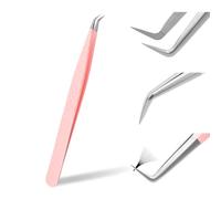 Tweezers for Eyelash Extension Professional Pink Stainless Steel Curved Tip Professional Eyelash Tweezers Striped FADVAN(Feather Shape)