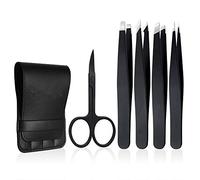 Tweezers Set 5-Piece - Professional Stainless Steel Tweezers with Curved Scissors, Best Precision Tweezer for Eyebrows, Splinter & Ingrown Hair Removal with Leather Travel Case (Black)