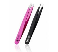 Tweezers Set for Eyebrows 2 Pcs - Slant & Point Precision Hair Removal Tools for Men & Women, Eyebrows & Facial Hair, Stainless Steel, Black & Pink Colour by Mahfooz Instruments
