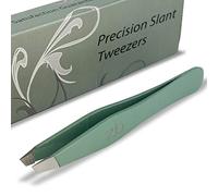 Tweezers - Surgical Grade Stainless Steel - Slant Tip for Expert Eyebrow Shaping and Facial Hair Removal - with Protective Pouch (Sage)