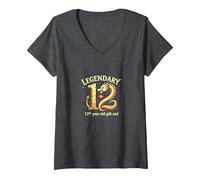 Twelve and Legendary Dragon 12th Birthday Gift V-Neck T-Shirt, Women, Dark Heather Grey, M