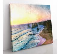 Twelve Apostles in Victoria Australia Abstract Painting Modern Canvas Wall Art Print Ready to Hang, Framed Picture for Living Room Bedroom Home Office Décor, 35x35 cm (14x14 Inch)