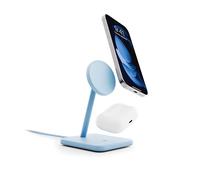 Twelve South HiRise 2 Deluxe 2-in-1 Wireless Charging Station for Apple Devices Qi2 MagSafe Charger, Fast Charger Stand for iPhone 15 14 13 12 11 Pro & Max Series AirPods Pro/3/2, Glacial Blue