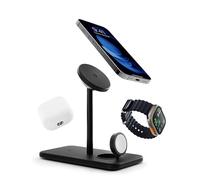Twelve South HiRise 3 Deluxe, Compact Wireless Magsafe Charging Stand,Black | Charges iPhone, AirPods and Apple Watch - Includes US Power Supply with 5 Foot Cord, Plus International Plug Adapters