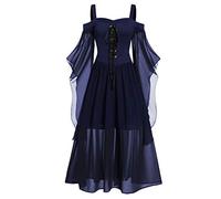 TWGONE Goth Dress for Women Plus Size Cold Shoulder Tie Front Lace Sleeve Halloween Dresses - Blue - XXXXL