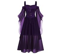 TWGONE Goth Dress for Women Plus Size Cold Shoulder Tie Front Lace Sleeve Halloween Dresses - Purple - 5X-Large