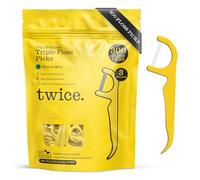 Twice 3-Strand Floss Picks - Dual Action Flosser & Toothpick, Wax-Coated Floss & Eco-Friendly Cornstarch Handles, Vegan, Shred Resistant, Strong Mint, 300 Ct