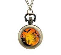 Twilight Bat Halloween Vintage Pocket Watch Alloy Pendant Watches Necklace Gift for Men Women Coppery-Style