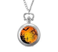 Twilight Bat Halloween Vintage Pocket Watch Alloy Pendant Watches Necklace Gift for Men Women Silver-Style