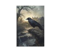 Twilight Crow 3D Modern Stretched And Canvas Vintage Arch Bridge Stream Prints Perfect Pictures Paintings on Wall Art for Home Office Decorations Living Room Bedroom 08x12inch(20x30cm)