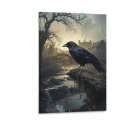 Twilight Crow 3D Paintings Modern Canvas Vintage Arch Bridge Stream Prints Artwork Pictures on Wall Art for Home Office Decorations 16x24inch(40x60cm)