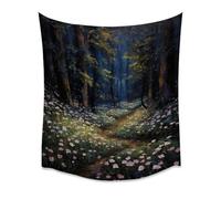 Twilight Forest Path Wall Tapestry Winding Dirt Trail Lush Pink Blossoms Rich Oil-Paint Texture Soft Touch Fabric Warm Evening Atmosphere Flowered Woodland Cozy Home Decorwhite30x40inch