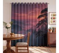 Twilight Mountain Forest Scenery Blackout Curtains for Bedroom, 90 Eyelet Curtains Valley Cloud Sea Window Curtains for Room Darkening & Noise Reducing with Black Liner 2 Panels, 90"x90", Rose Pink