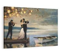 Twilight Romance Canvas Wall Art, Romantic Couple Dancing by Lake Oil Painting Wall Art Home Decor for Living Room Bedroom Gallery Wrapped, 12x18 Inch