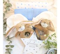 Twin Baby Gift Set Welcome to The World- Includes Set of 2 Plush Hare Rattles for Boy and Girl. Hat Mitts and Muslin Cloths for Newborn Infant - Baby Shower Presents (Twin Boys Blue)