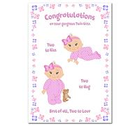 Twin Baby Girl Card - Newborn Twins - Congratulations on Birth of Gorgeous Sisters - New Born Baby Girls Congrats - Quality UK Greeting - Good Wishes - Blank Inside to write your own Special Message