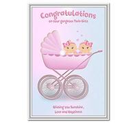 Twin Baby Girl Card - Newborn Twins - New Baby Girls Congrats - Congratulations on Birth of gorgeous sisters - Quality Greeting Good Wishes - Blank inside to write your own special message