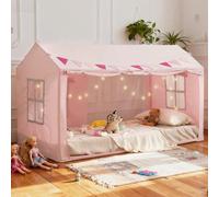 Twin Bed Tent for Kids, Princess Bed Canopy Playhouse with Star Lights, Breathable Private Space Fort Tents, Castle Reading Nook Play Tent for Girls Boys, Pink