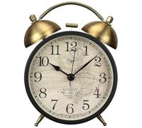 Twin Bell Alarm Clock, Retro Analog Alarm Clock Silent Non-Ticking Quartz with Nigh Light, Small Desk Clock for Bedside Table, Battery Operated (Map)