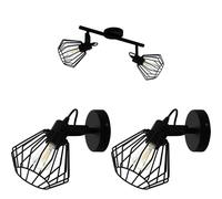 Twin Ceiling Spot Light & 2x Matching Wall Lights Black Geometric Cage Head
