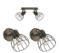 Twin Ceiling Spot Light & 2x Matching Wall Lights Black Industrial Wire Shade