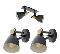 Twin Ceiling Spot Light & 2x Matching Wall Lights Black & Wood Shade Moving Head