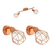 Twin Ceiling Spot Light & 2x Matching Wall Lights Copper Geometric Wire Cage
