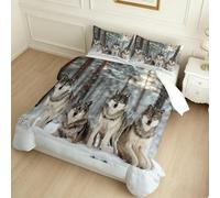 Twin Comforter Set Forest Snow Scene Wolf 3 Piece All Season Microfibre Bedding Set White 135 x 200 cm with Pillowcases for Girls and Women