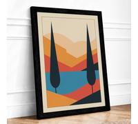 Twin Cypress Landscape Mid Century Framed Wall Art Print A3 Black