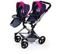 Bayer Design 26254AA Twin Pram, Doll Carriage, Height-adjuable Handle, Foldable, with Bag and Integrated Shopping Basket, Compatible with EasyGo, Blue with Unicorn and Hearts