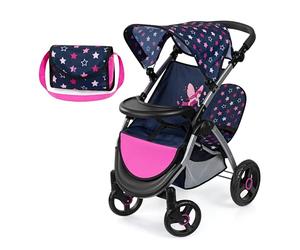 Twin dolls pram, double doll stroller, adjustable handle, foldable, bag | For girls and boys, from 3 years