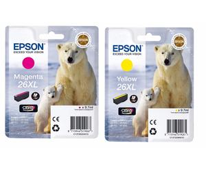 TWIN Epson 26XL T2633 Magenta & T2634 Yellow Polar Bear Ink Cartridges XP-820