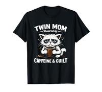 Twin Mom Cat Design Powered by Caffeine & Guilt Funny Twins T-Shirt