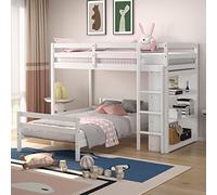 Twin Over Twin Bunk Bed, Wood L-Shaped Bunk Beds with Storage Bookshelf, Bunk Bed Frame with Guardrails and Ladder for Kids Boys Girls Teens Adults, Can be Convertible into 2 Beds, White (White)