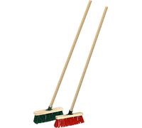 Twin Pack 12" Sweeping Brooms PVC Colour Brush with Wooden Handles (Red & Green)