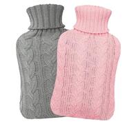 Twin Pack 2L Hot Water Bottle with Cover UK - Natural Rubber 2 Litre Hot Water Bottle - Perfect Hot Water Bag for Pain Relief, Hand Feet Warmer and Cold Compress (Cream Bottles x1 Grey x1Pink Cover)