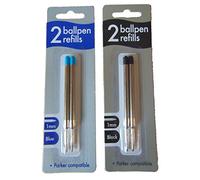 Twin Pack Ballpoint Pen Refills Parker Compatible Black Or Blue Ink (Black)