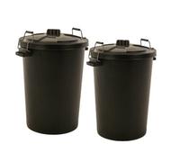 Twin Pack - Black Garden Dustbin - Large 90L Refusal Heavy Duty Plastic Waste Bin With Galvanised Metal Clips And Lid
